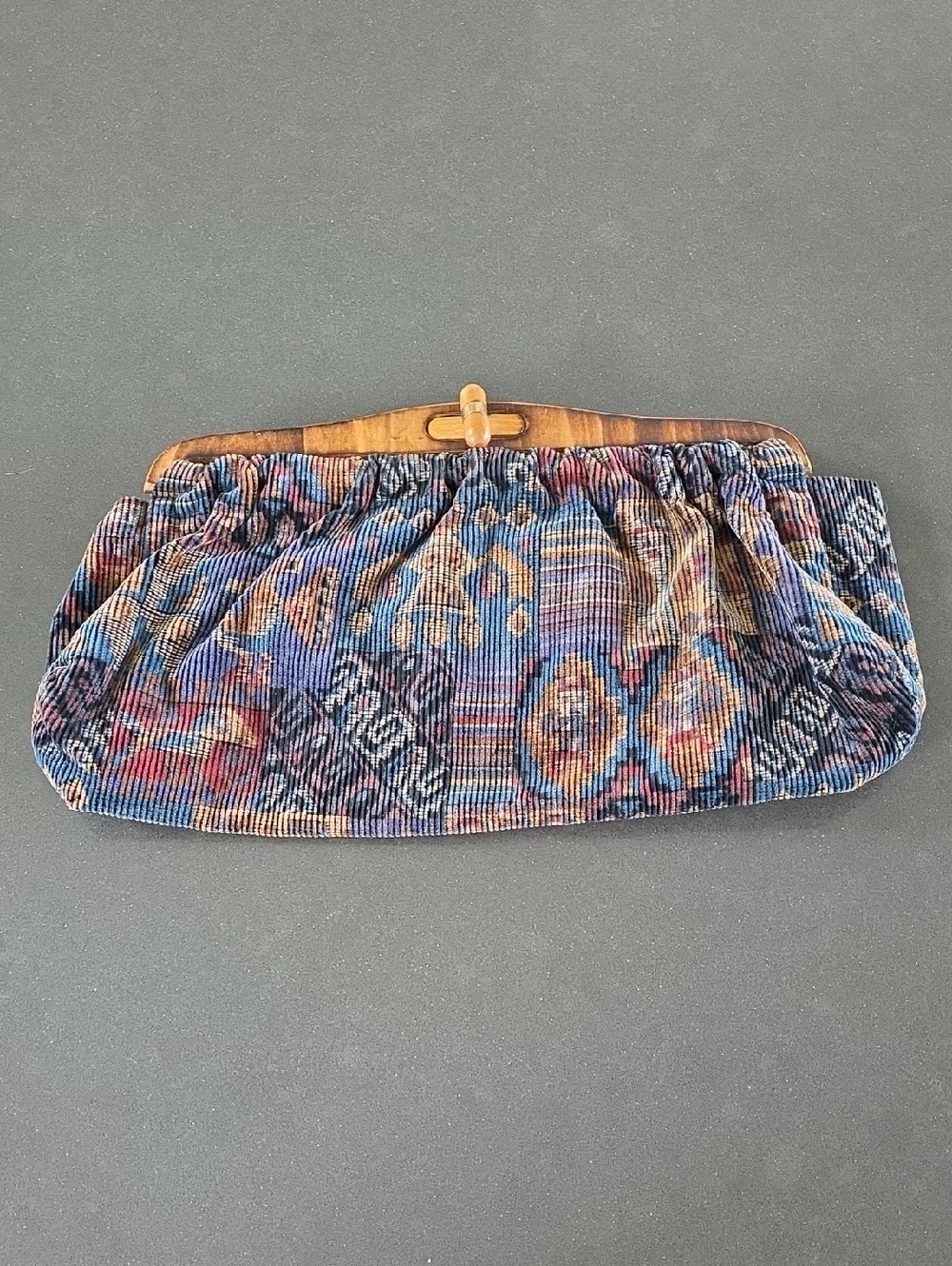 Multicolor Patterned Corduroy Clutch with Wood Frame & Toggle Clasp
